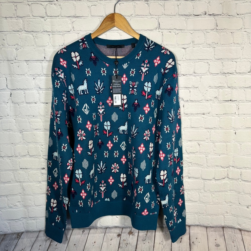 Greyson Clothiers Men Wool Cashmere Fiddle Intarsia Wolf Sweater Large Golf‎